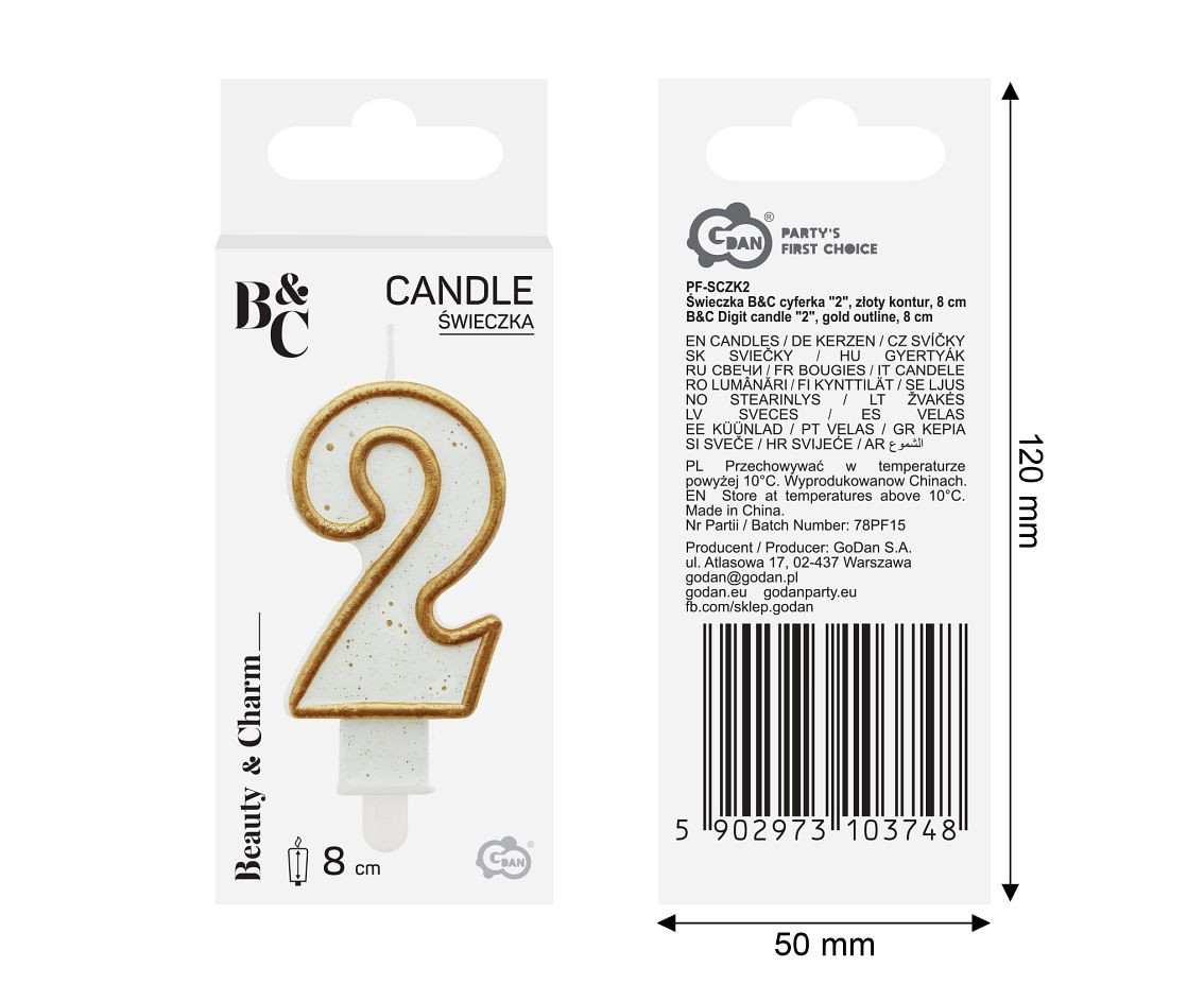 Digit candle "2", gold outline, 8 cm